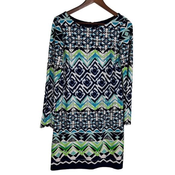 Vince Camuto Blue White Print Long Sleeve Shift Dress Women's 8 - Picture 1 of 6